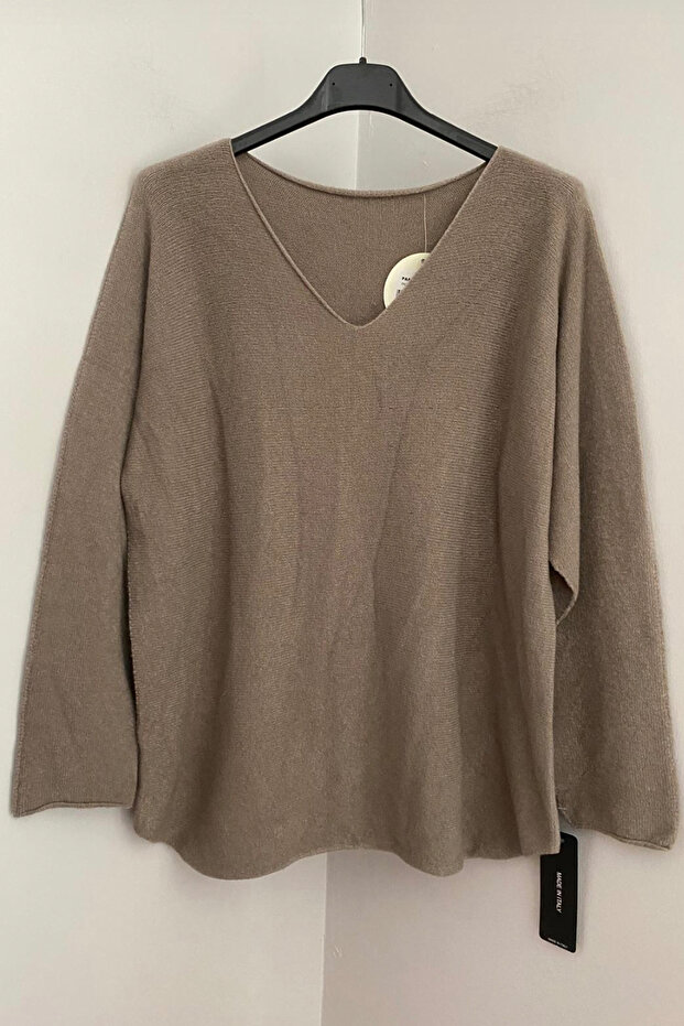 Women's Mink Plain Pattern V-Neck Long Sleeve Angora Knitwear Blouse Sweater