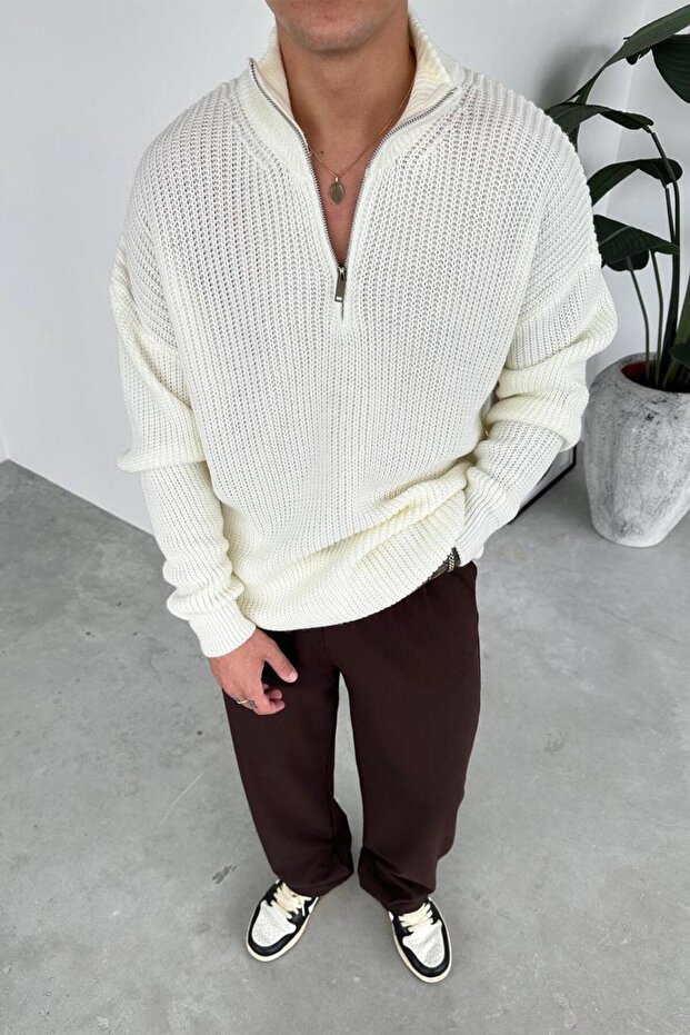 Ecru Half-Zip High Neck Knit Sweater