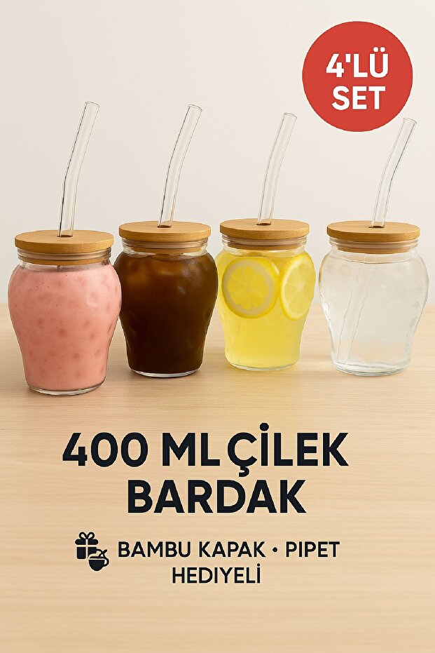 4 Adet Çilek Desenli 400 ml Borosilikat Cam Bardak – Bambu Kapaklı, Cam Pipet Hediyeli - 2