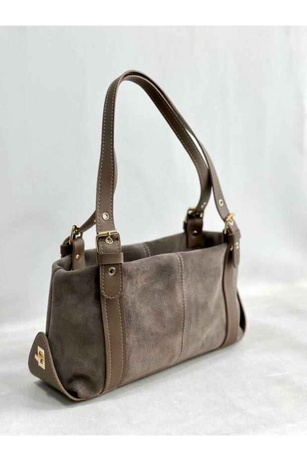 Genuine Suede Leather Women's Shoulder Bag with Lock Detail