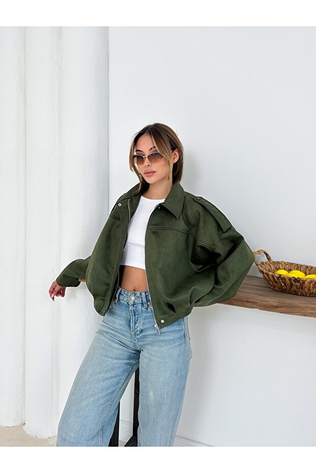 Oversize Süet Bomber Ceket - 4