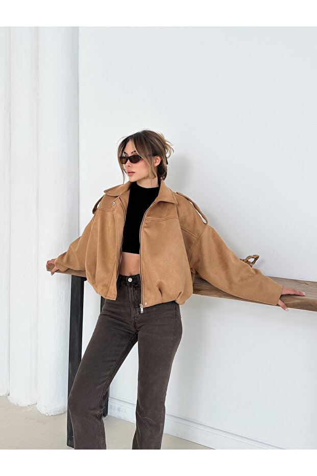 Oversize Süet Bomber Ceket - 2