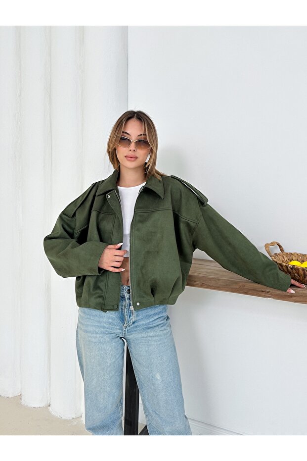 Oversize Süet Bomber Ceket - 5