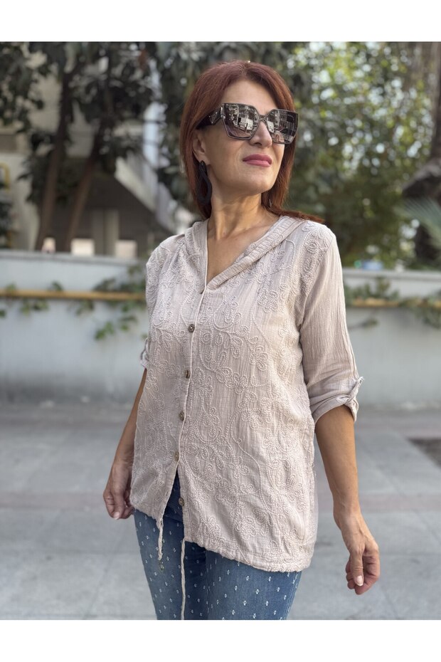 Brode Desen Gömlek Kapüşonlu Bej - 3