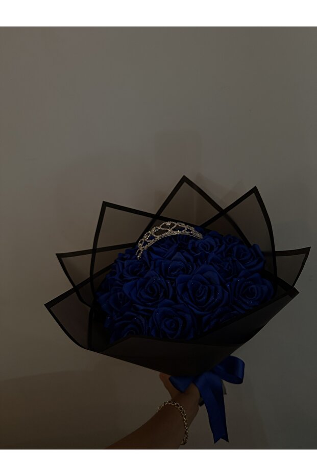 Gerçek Görünümlü Saks Mavisi Simli Taçlı Zarif Yapay Gül Buketi Yapay Çiçek - 3