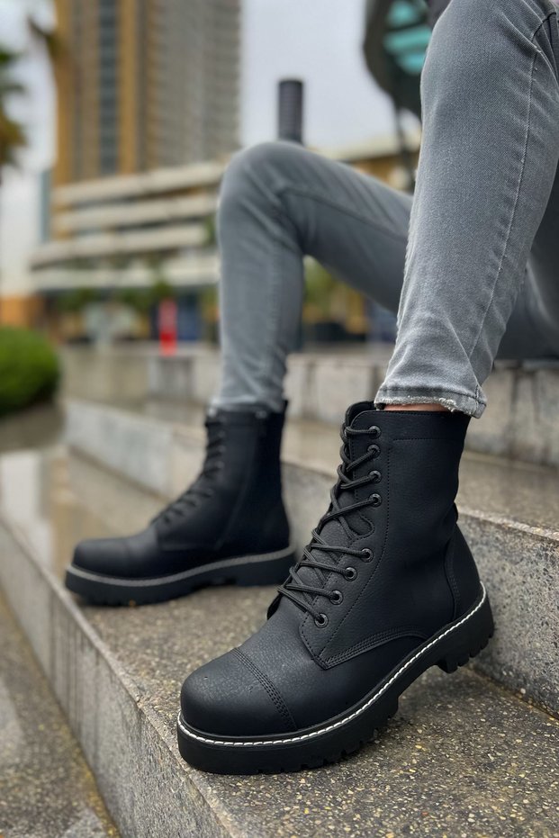 Ch009 Military Men's Sports Casual Lace-Up and Zippered Leather Boots Cst - Matte Black