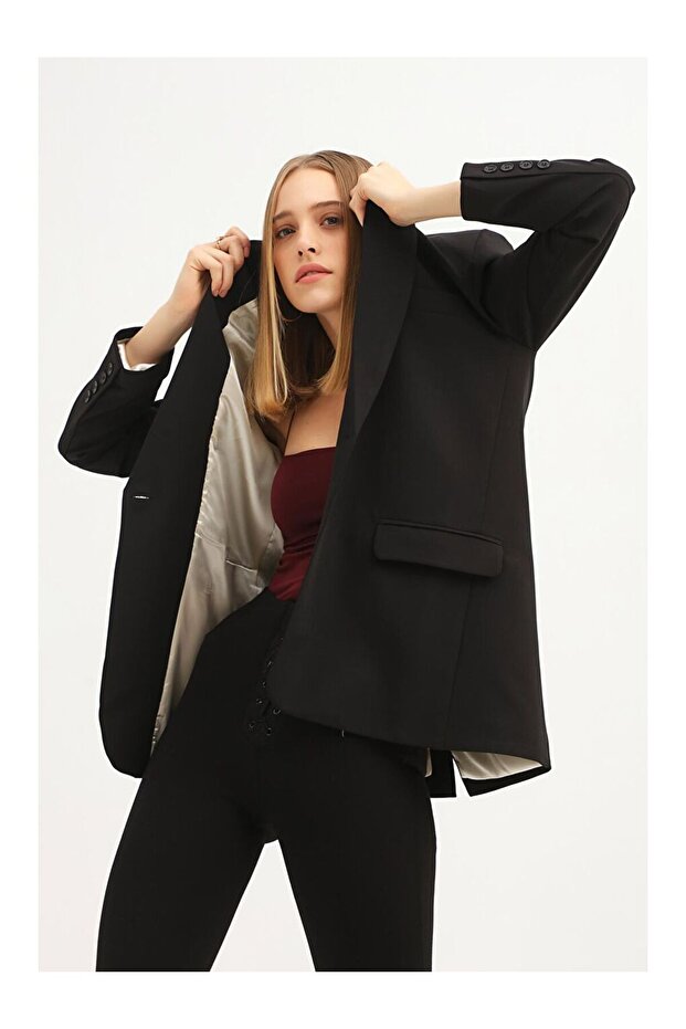 Tek Düğmeli Blazer Ceket Siyah - 1