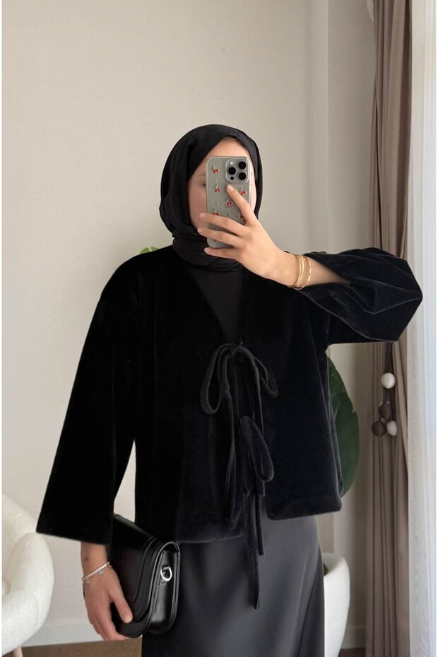 Women's Front Tie Fox Fabric Kimono Jacket M25109 - Black