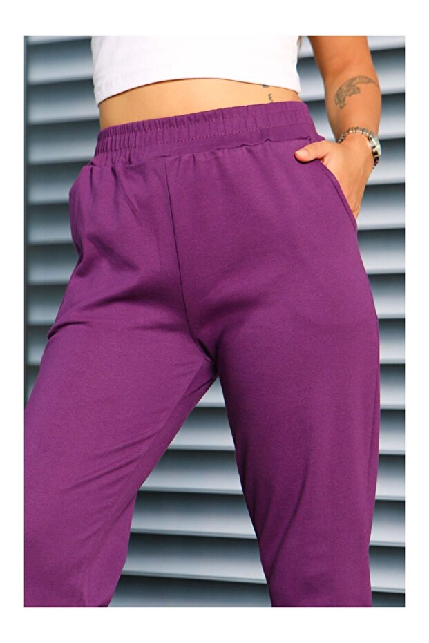 Cepli Paça Lastikli İki İplik Eşofman Altı Mor - 27675 - 4