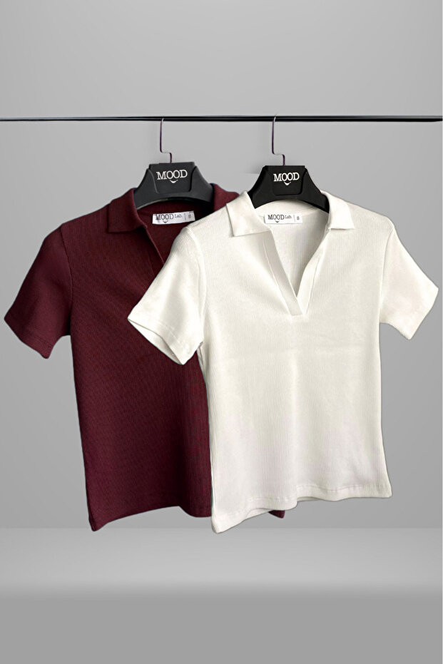 Women's 2-Pack Polo Neck Short Sleeve Camisole T-Shirt Burgundy White