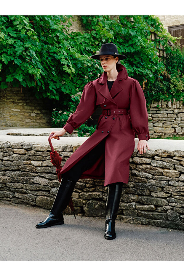 Burgundy Double-Breasted Collar Women's Trench Coat