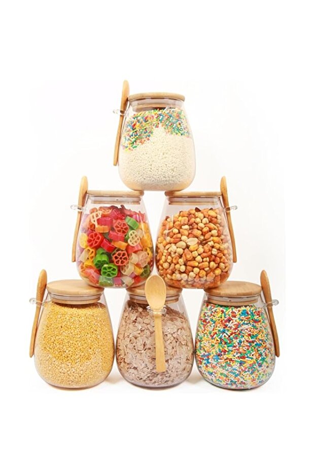 ELONSEY Glass Storage Jars with Airtight Bamboo Spoon and lids 20i28 Oz, Food Storage Jars 600Ml, Co