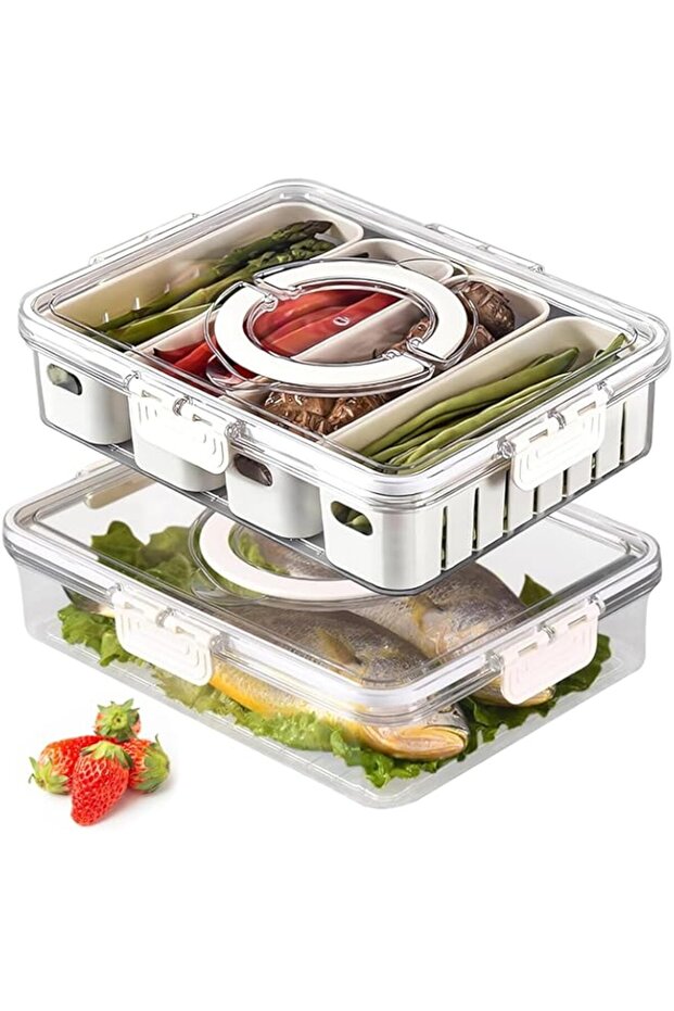 2pcs Refrigerator Organizer Box,Divided Food Storage Container Fruit Storage Bin w/ 4 Drain Basket/w