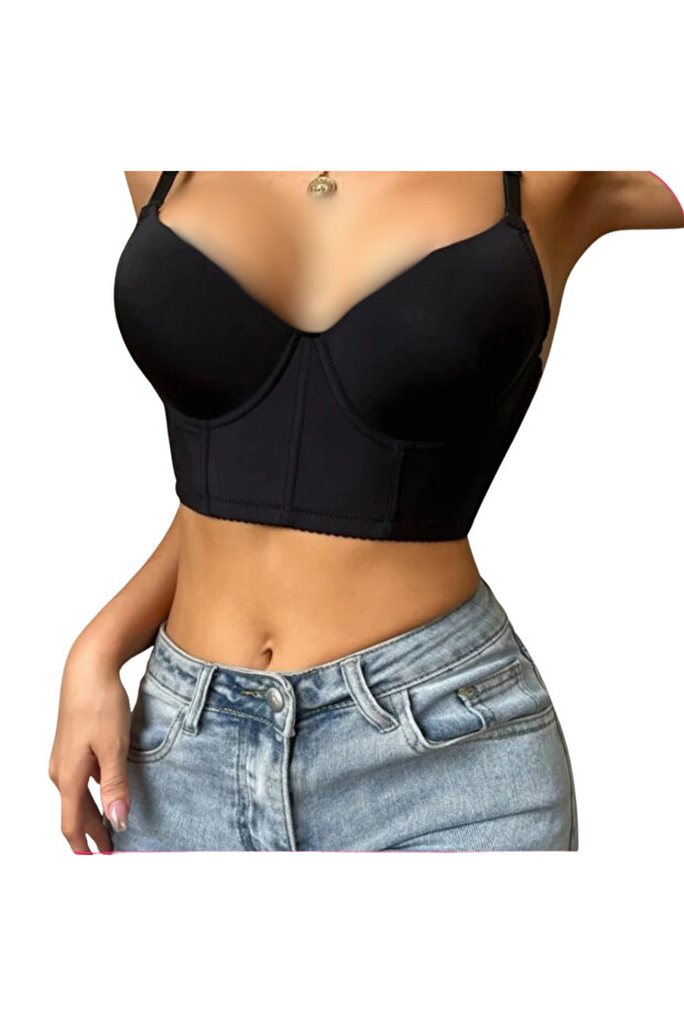 Plain simple design bras with hooks in the back, black color, push-up bra - 1