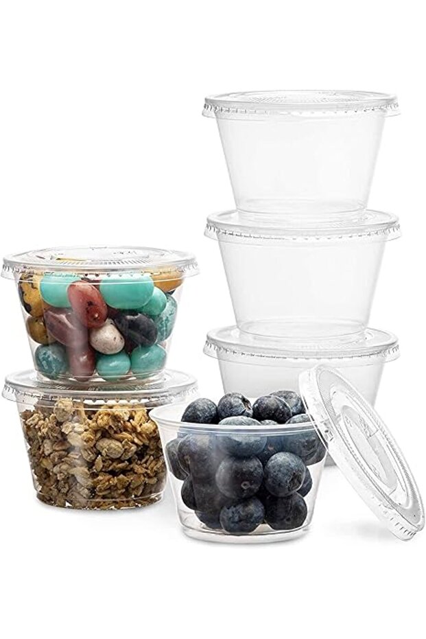 [100 Pack] 4oz. Clear Plastic Disposable Portion Cups with Lids- Available in 1oz, 2oz- Sampling Cup