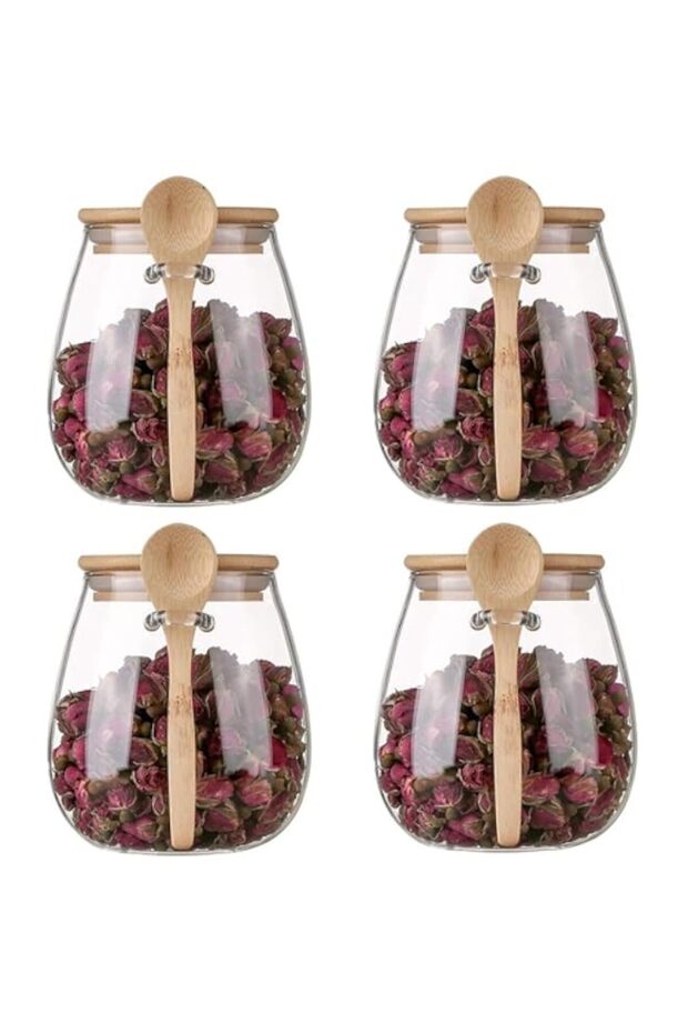 KUAIJI 4- pack 600 ml (20i29 oz) Glass Stripe Jar Glass with Wooden Spoons Lids Coffee Sugar Contain