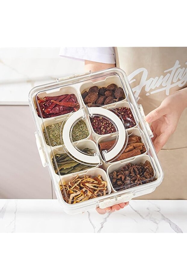 HYTTER Spice Organizer Divided Serving Tray with Lid and Handle - Food Grade Plastic, Multifunctiona