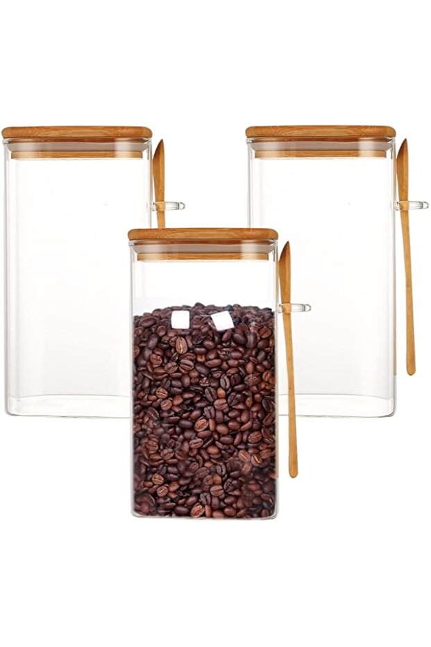 Beauenty 3pcs Airtight Glass Jars with Lids and Spoons, Kitchen Food Storage for Coffee Beans, Spice