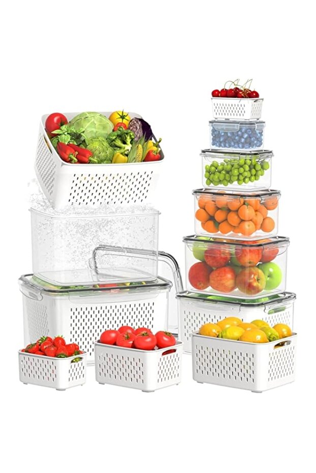 Raxoom 12 Piece Plastic Fridge Organizers and Storage Drain Food Container For Fruits Vehetables Ber