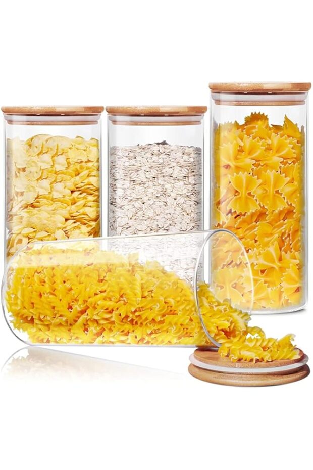 Pecbase Glass Food Storage Jars, 4 Pack Food Containers Canisters for Kitchenwith Airtight Bamboo Wo