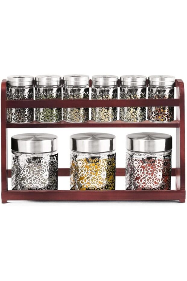 HOMESMART Premium Quality Glass Jar Spice Rack | Kitchen Organizer For Spice Bottles with Airtight M