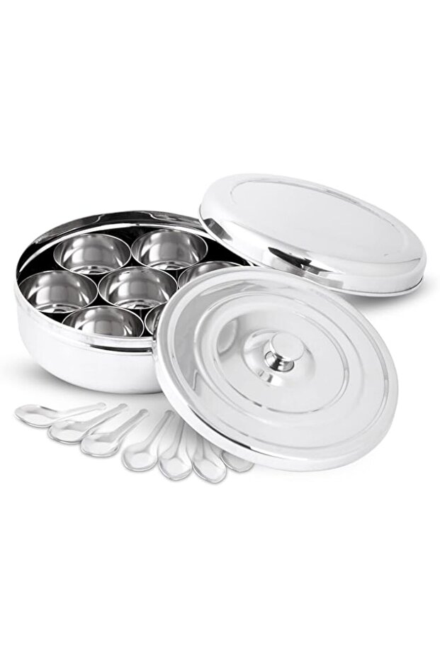 KSJONE Double Lid Spice Container Masala Dabba With 7 Compartments and 7 Spoons, Masala Box, Spice C - 1