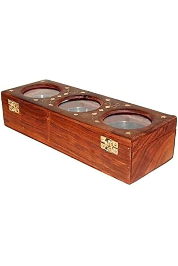QUESERA Wooden Dry Fruit Box/Masala Box/Spice Box with – 3 Storage Compartments for Decorative Acc