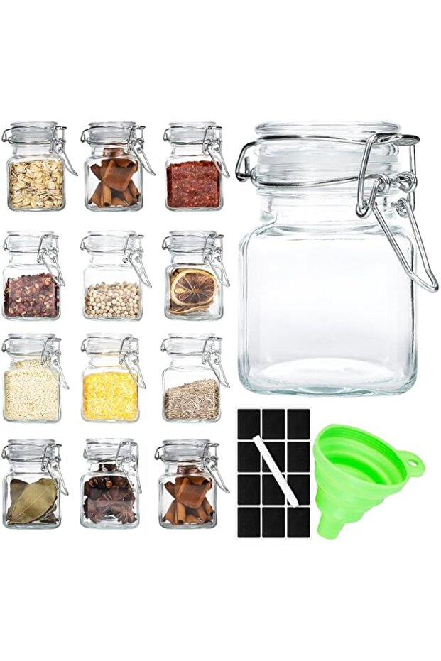SKYLINK Spice Jars 4oz 12Pack Small Glass Jars with Airtight Hinged Lids, Spice Herb Jars with Label