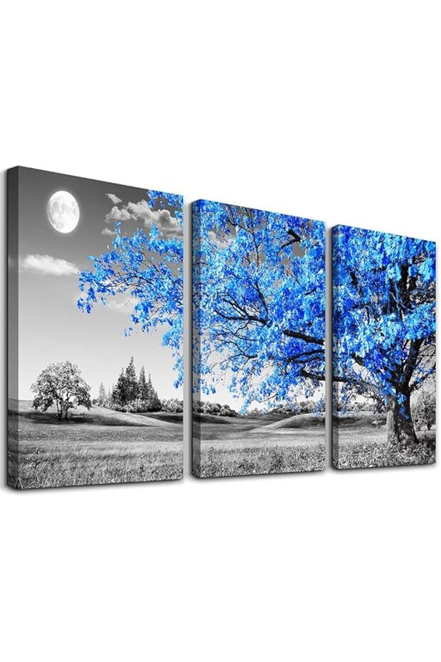 TTHWALLART Wall Art For Living Room black and white Blue tree moon Canvas Decor Home artwork Paintin