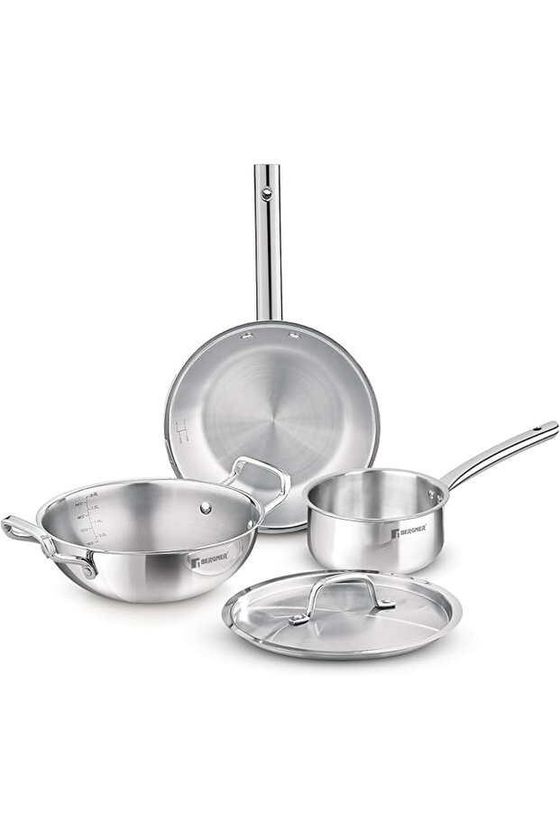 Triply Stainless Steel 4 Pc Cookware Set, 24 cm Indian Wok/Kadai with Lid, 22 cm