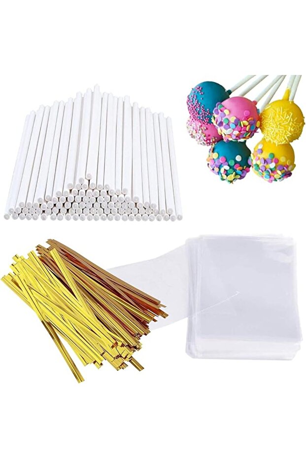 Cake Pop Sticks and Wrappers Kit, Including 100 4-inch Paper Lollipop Sticks, 100 Clear Candy Bags,