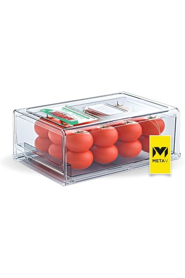 METAV Drawer-Type Refrigerator Organizer Bins, Clear Plastic Fridge Organizer with Handles, Drains &