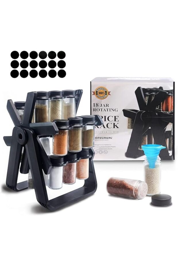 Spice Rack Organizer With 18 Spice Jars With Label And Organizer Rack - Rotating Kitchen Spice Organ