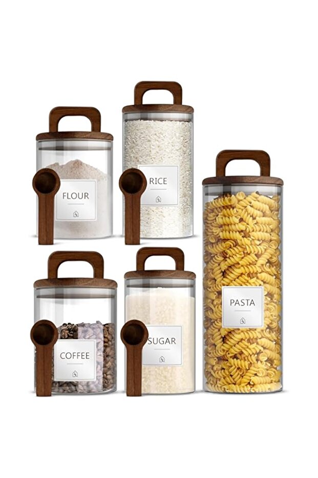 WESTCH Premium Glass Jar Set - 5 Canisters with Airtight Natural Acacia Lids, Custom Labels & Spoons