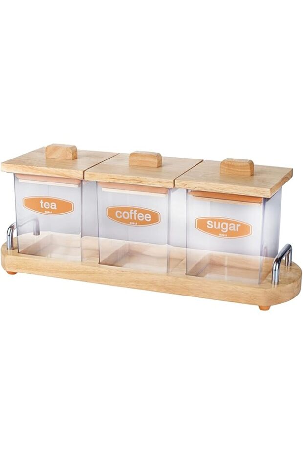 Billi COFFEE, TEA & SUGAR CANISTER SET WITH WOODEN LID & STAND, Brown, WP-147/3