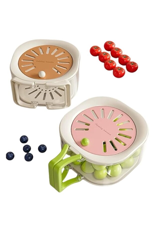 i 2 in 1 Draining Basket, Fruit Washing Bowl with Drain Lid & Tray, Collapsible Handle Food Strainer