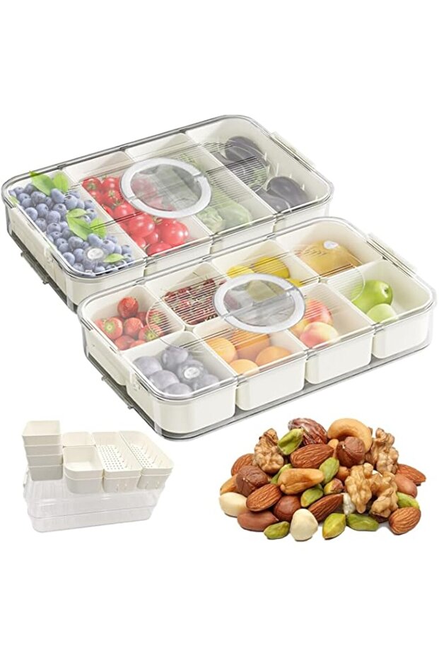 2pcs Divided Serving Tray with Lid, Food Storage Container Stackable Vegetable Fruit Organizer Bins