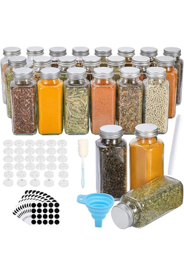 O9 O-NINE 24 Pcs Glass Spice Jars/Bottles - 4oz Empty Square Spice Containers with 10 Sheet Blank La