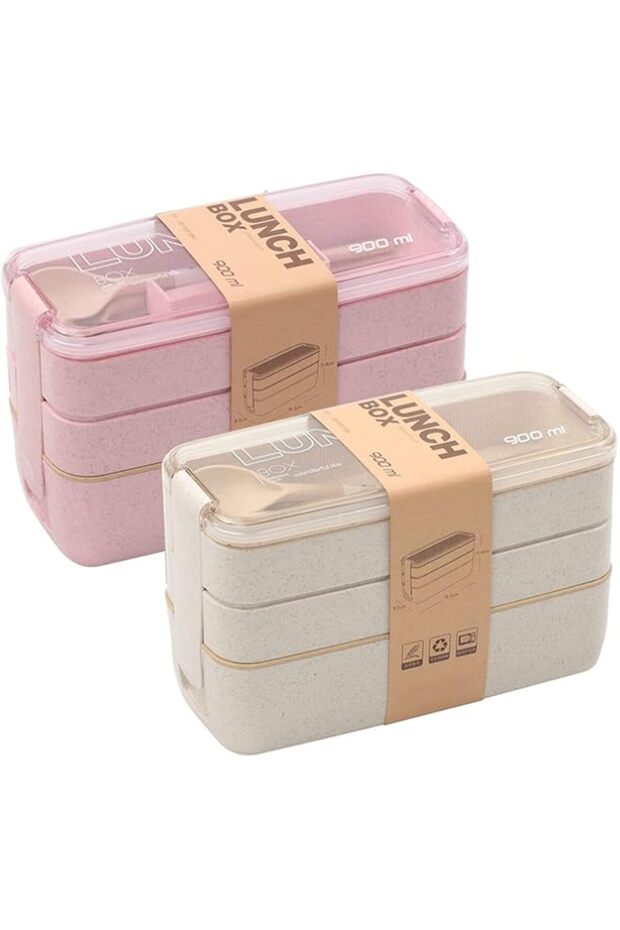 Rarapop 2 Pack Stackable Bento Box Japanese Lunch Box Kit with Spoon & Fork, 3-In-1 Compartment Whea