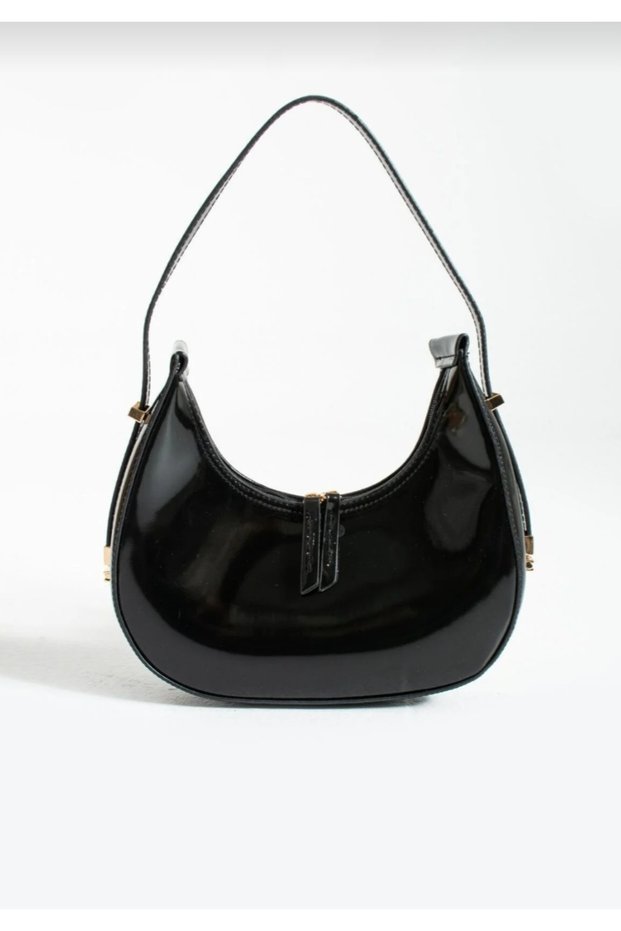 Women's Patent Leather Baguette Zipper Closure Strap Detailed Shoulder Bag Suede Navy Blue - Patent Leather Black - White