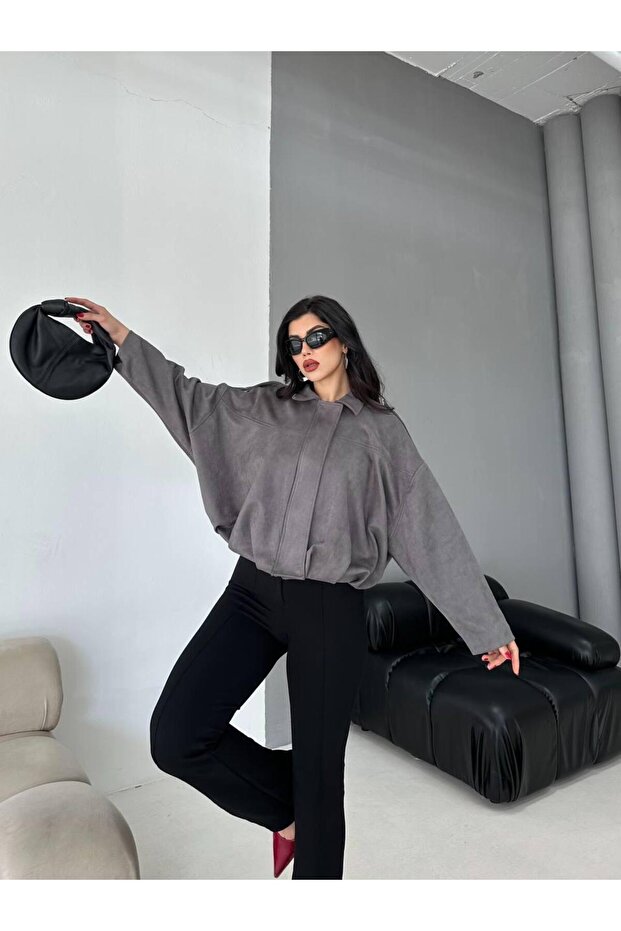 Oversize Süet Bomber Ceket - 5