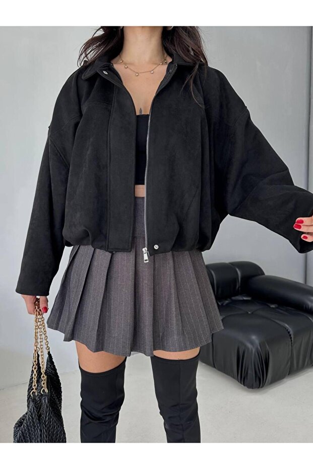 Oversize Süet Bomber Ceket - 2