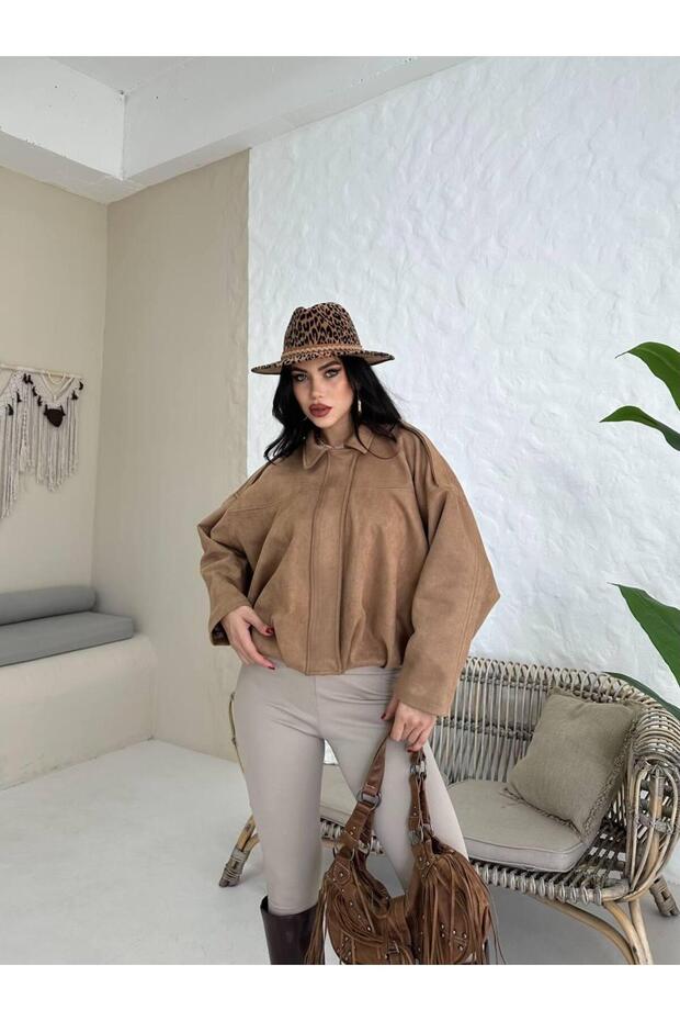 Oversize Süet Bomber Ceket - 5