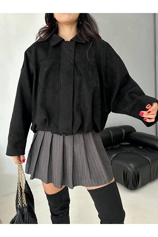 Oversize Süet Bomber Ceket - 1