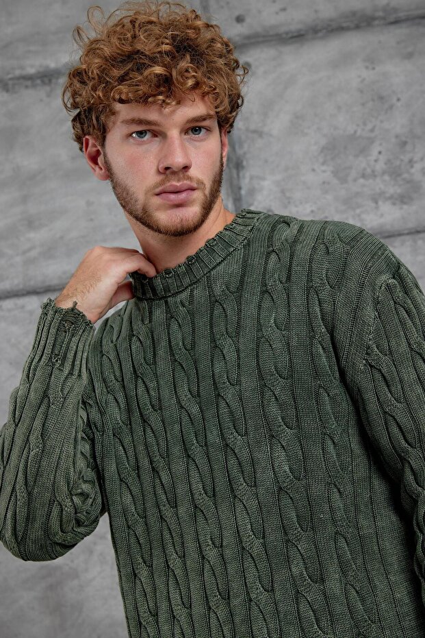 Yeşil Mrk Örgü Detaylı Oversize Triko Kazak - 5