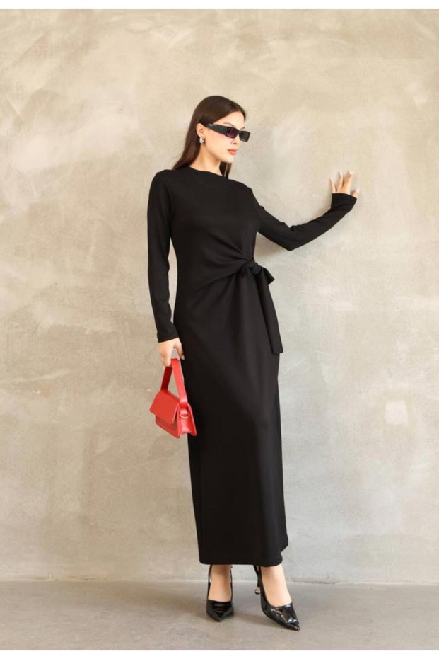 Women's Clothing Black Modal Fabric Tie Detail Long Dress