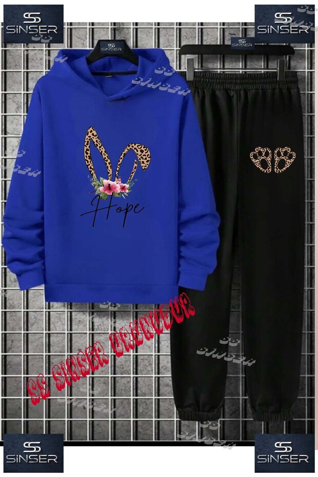 Children's Unisex Printed Hooded Tracksuit Set with a Pattern of a Rabbit with Flowers on Its Ears and Leopard Print