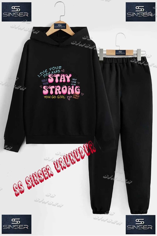 Children's Unisex Tracksuit Set with Printed Hoodie and Pants with the Text "Stay Strong Pink Text".