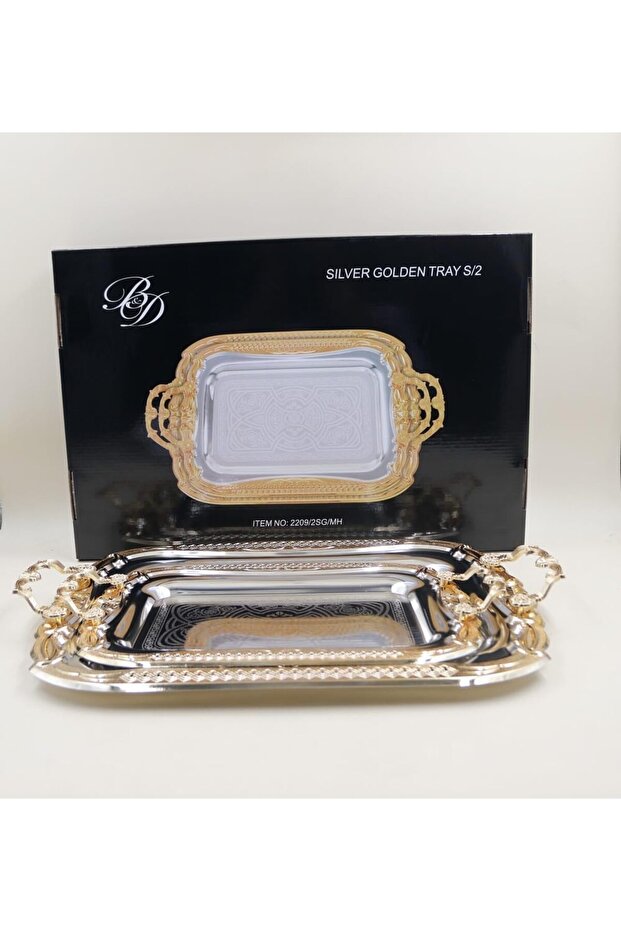 طقم صواني فضي-ذهبي مكون من قطعتين - 1