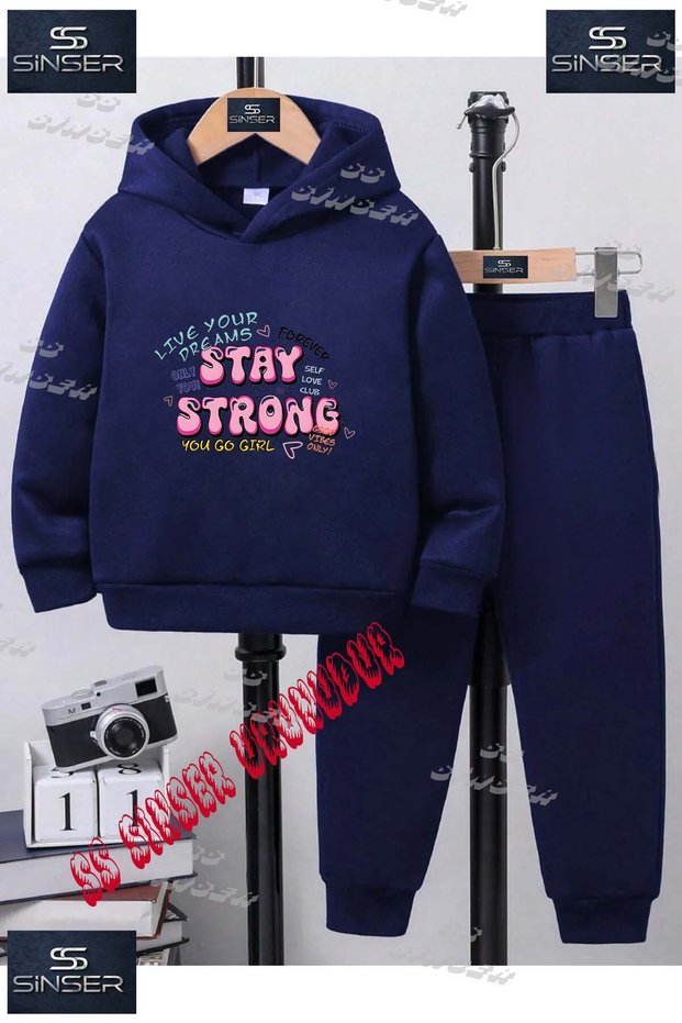 Children's Unisex Tracksuit Set with Printed Hoodie and Pants with the Text "Stay Strong Pink Text".